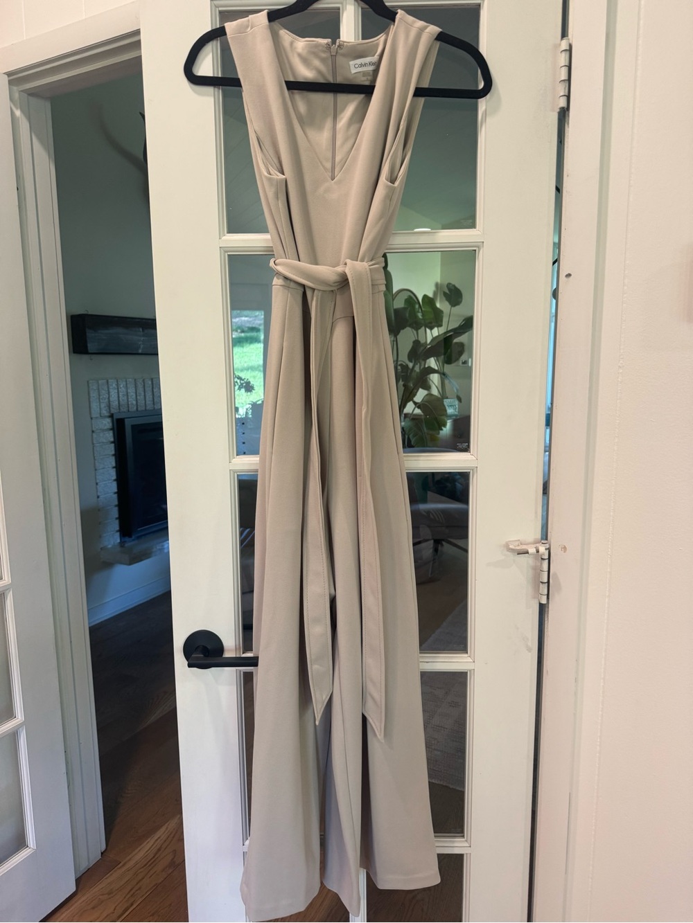 Calvin Klein Neutral Beige Sleeveless V-Neck Jumpsuit with Waist Tie